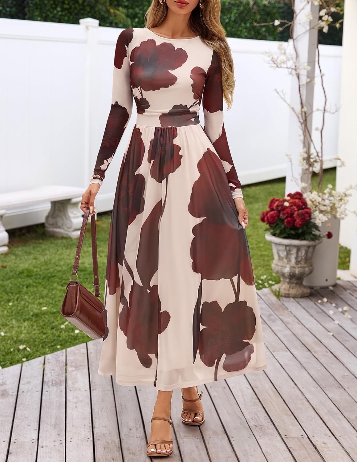 MEROKEETY Womens Long Sleeve Spring Wedding Guest Dress 2026 Crewneck Floral Flowy Mesh Cocktail Maxi Dresses