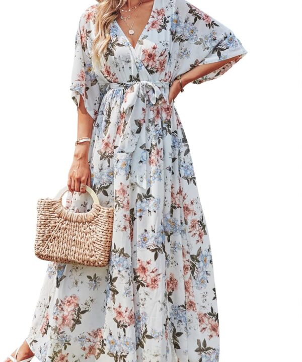 ANRABESS Womens 1/2 Sleeve Beach Wedding Guest Maxi Dresses 2025 Fall Wrap V Neck Boho Floral Flowy Slit Long Summer Dresses