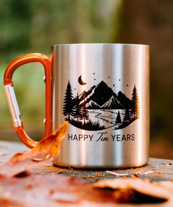 10 Year Anniversary Tin Gifts for Him  Tin Anniversary for Husband - 8oz Aluminum Mug with Carabiner Handle  10th Anniversary for Couple (Orange)