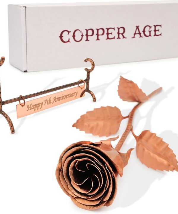 Copper Rose with Stand & Engraved Plate Happy 7th Anniversary - 7th Wedding Anniversary Decor for Wife, Him or Her - Traditional Copper Gift Keepsake