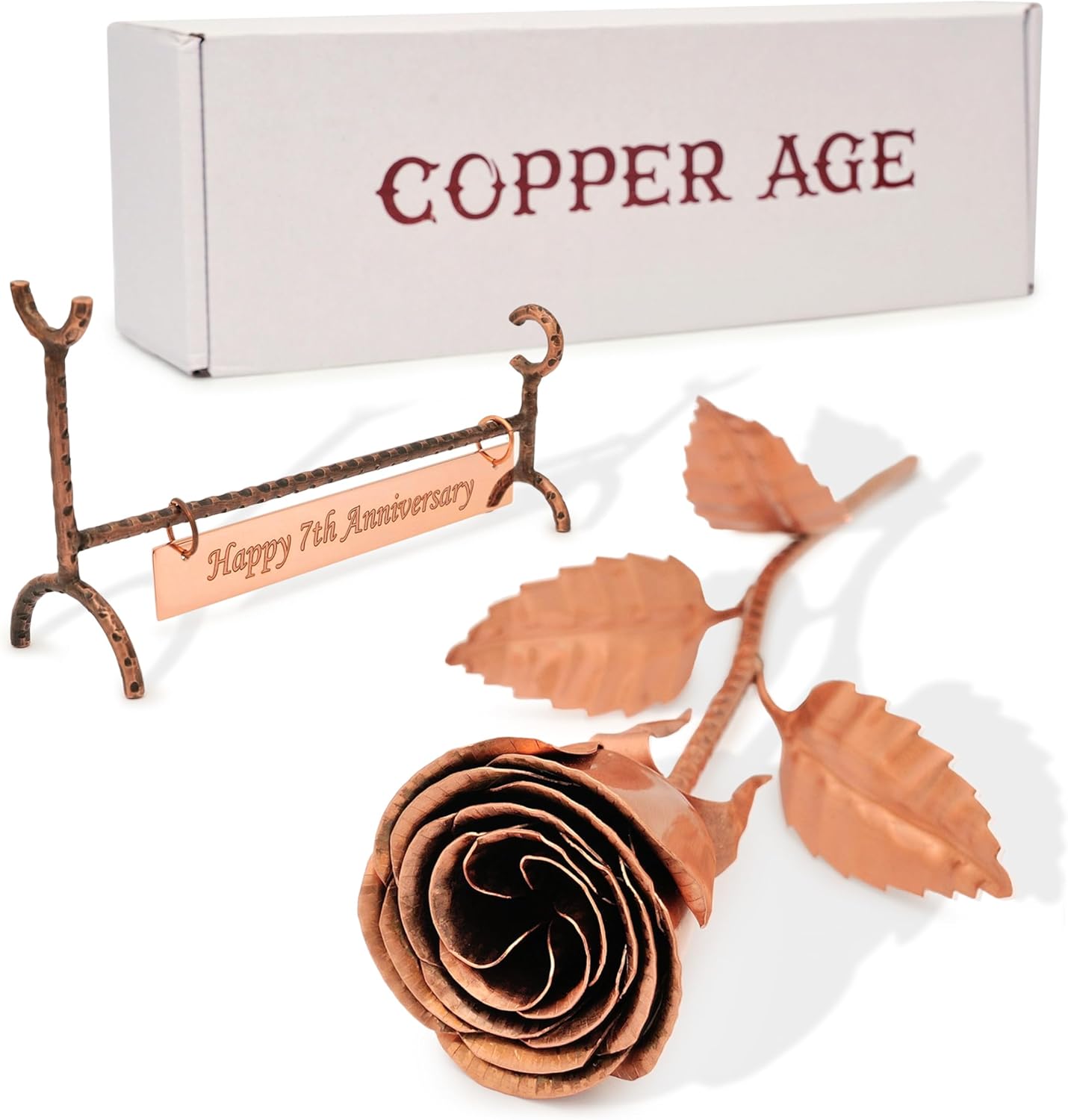 Copper Rose with Stand & Engraved Plate Happy 7th Anniversary - 7th Wedding Anniversary Decor for Wife, Him or Her - Traditional Copper Gift Keepsake