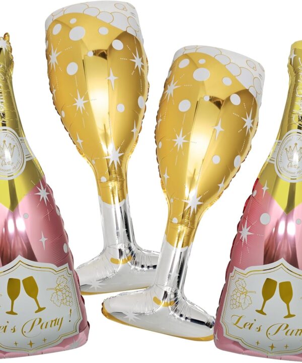 4 Pcs Champagne Balloons, Huge Rose Gold Champagne Bottle Goblet Aluminum Foil Balloons for Birthday, Bachelorette, Bridal Shower, Wedding, Anniversary, Engagement Party Decorations Supplies