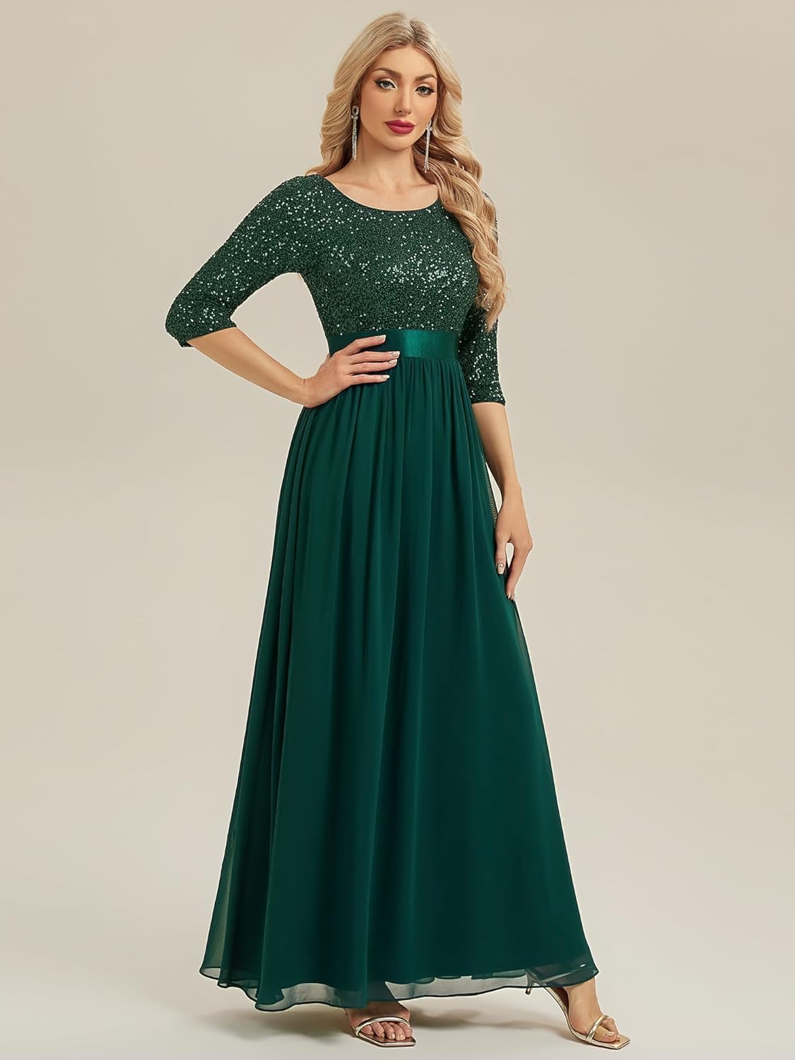 Ever-Pretty Womens Sequin Chiffon Formal Dresses A-Line Half Sleeves Maxi Evening Gown Mother of Bride Dress