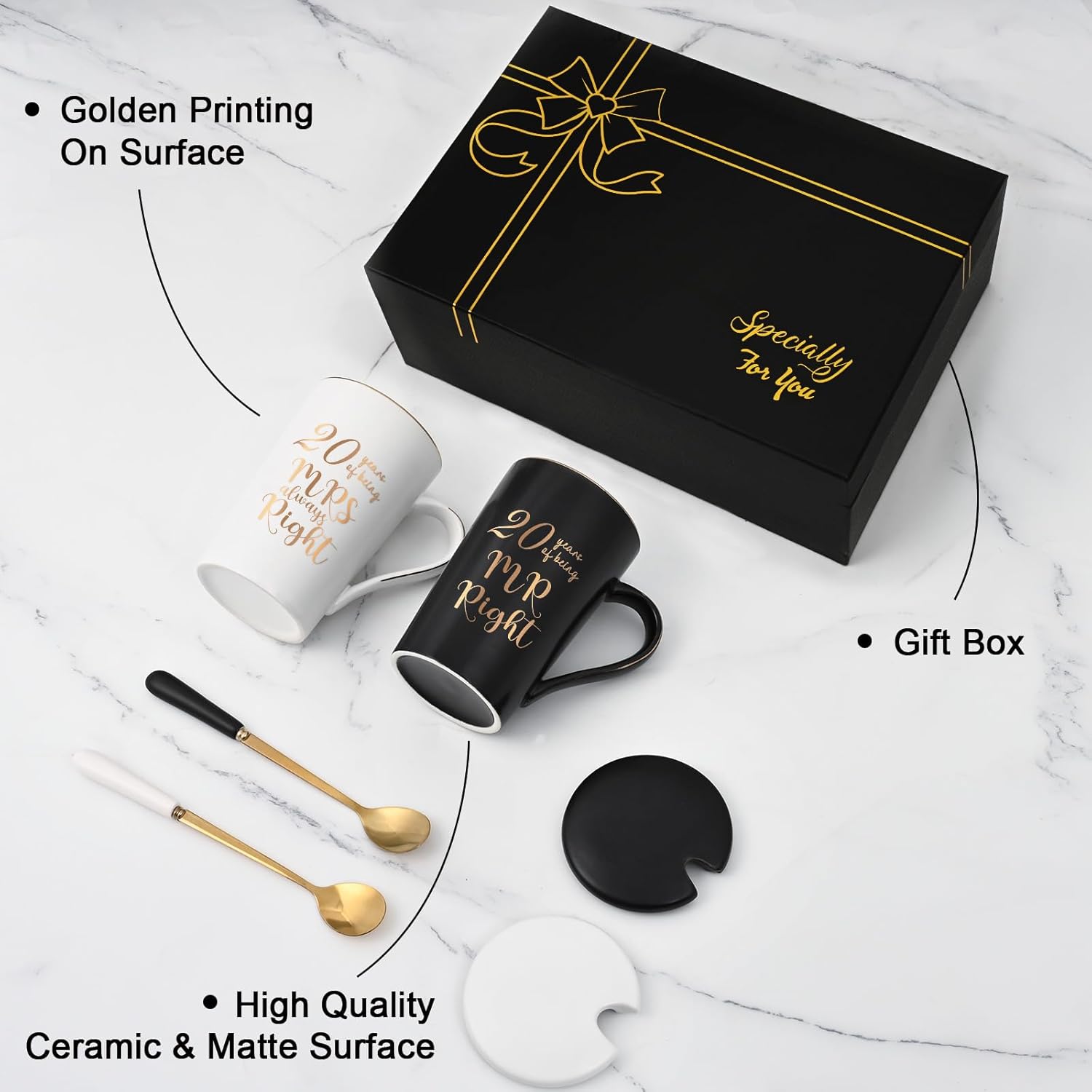 YHRJWN 20 Year Anniversary Presents, 20th Anniversary Presents for Couple Parents, 20th Wedding Anniversary Presents, 20th Mr & Mrs Always Right Coffee Mugs, 14 Oz with Coasters, Spoons and Gift Box