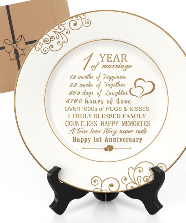 1st Anniversary Plate with 24k Gold Foil - 1 Year Paper Anniversary Wedding Gifts Decorations for Him Couples Wife Husband, Ceramic 9"