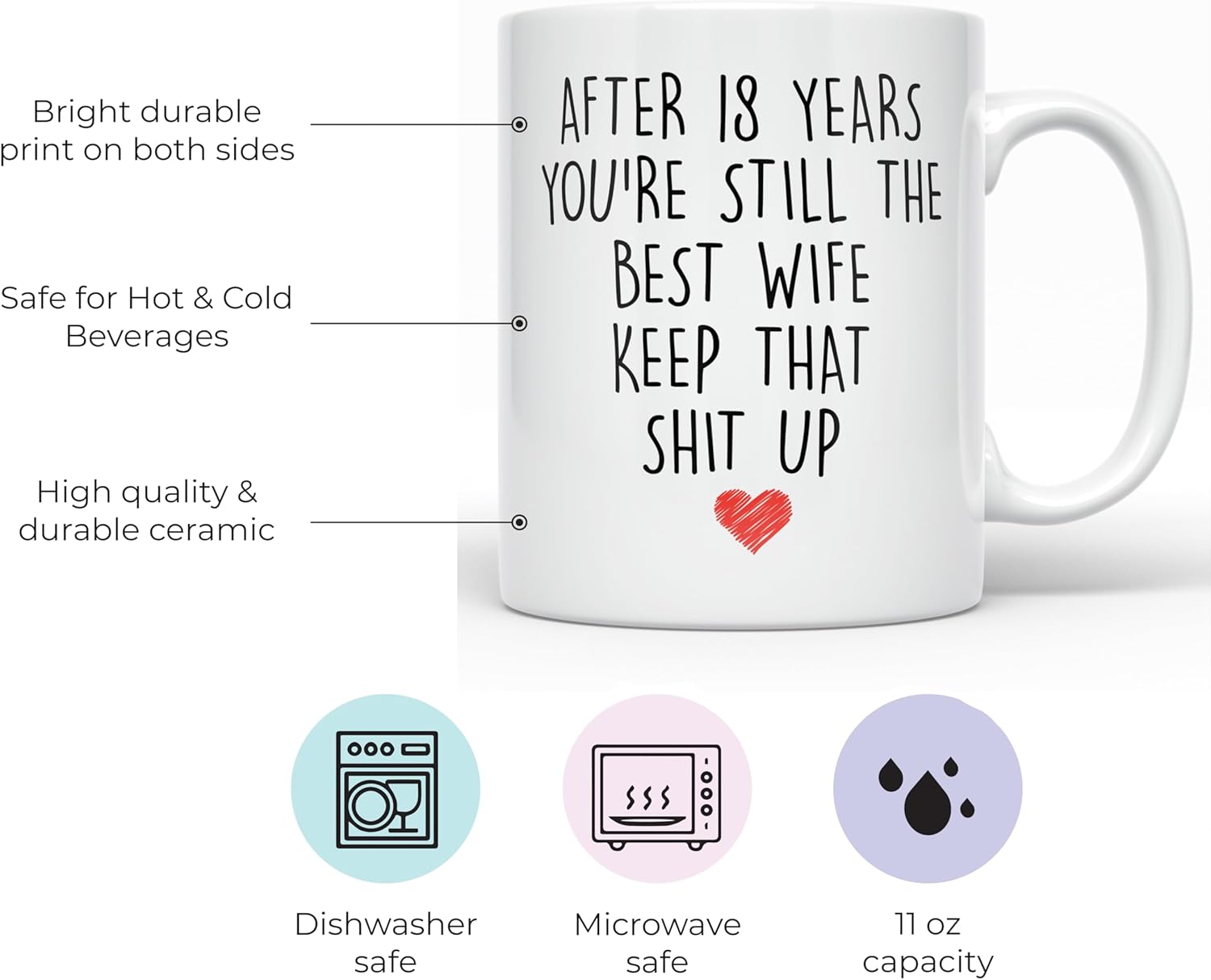 YouNique Designs 18 Year Anniversary Coffee Mug for Her, 11 Ounces, 18th Wedding Anniversary Cup For Wife, Eighteen Years, 18th Year (White)