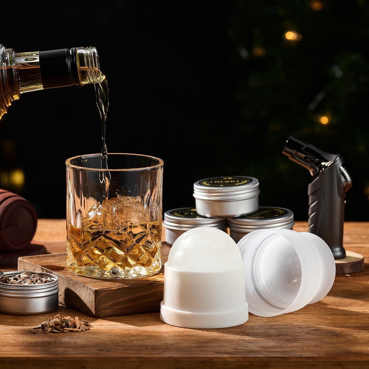 Whiskey Smoker Kit with Torch – 6 Flavors Wood Chips, 2 Glasses, 2 Ice Ball Molds – Cocktail Smoker Infuser Kit, Old Fashioned Drink Smoker Kit, Birthday Bourbon Whiskey Gifts for Men,Dad(NO Butane)
