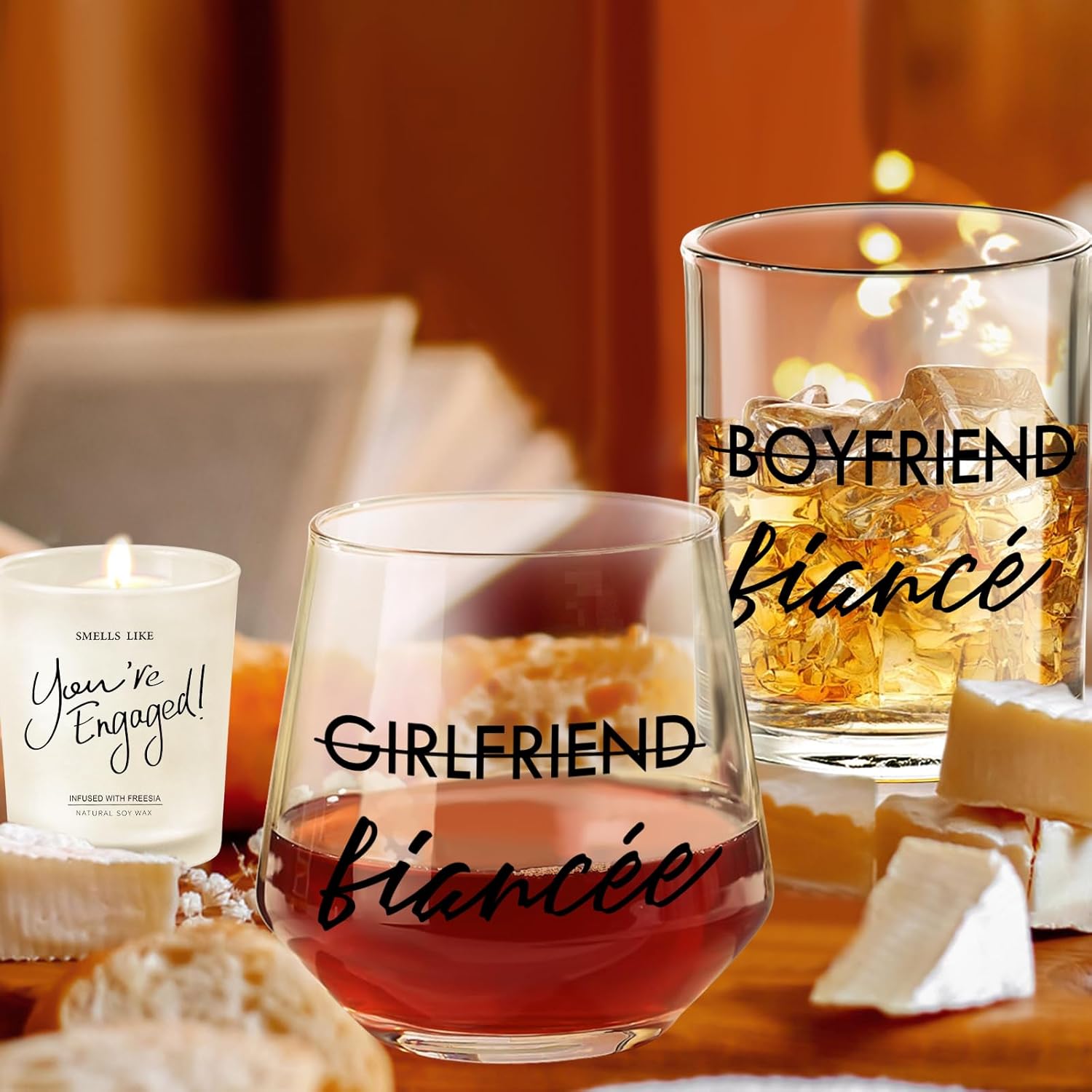 Engagement Gifts for Couples, 10 oz Whiskey and 12 oz Wine Glass Set, Newly Engaged Fiancee & Fiance Gifts for Women, Fade-Resistant, Beautiful Packaging, Proposal Decorations & She Said Yes Present