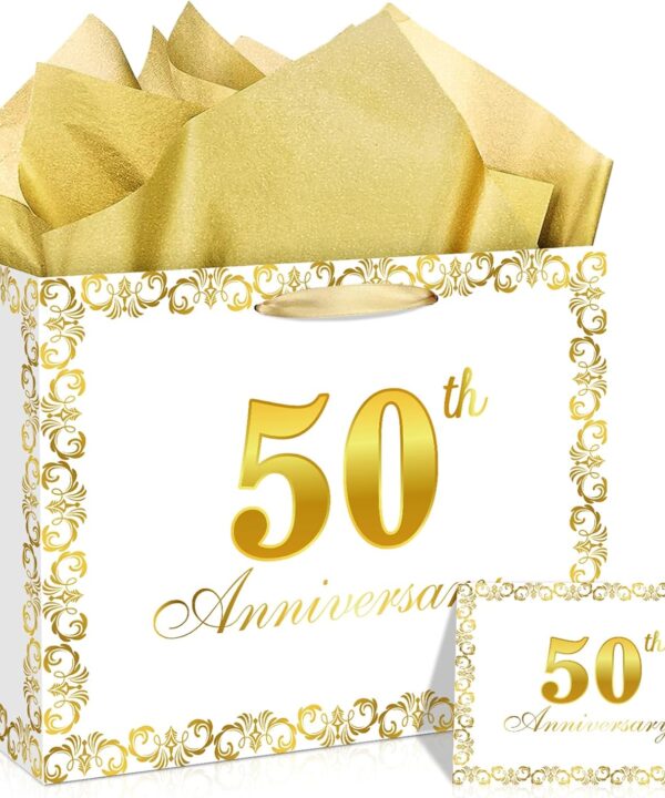 Woosytoo White Gold 50th Anniversary Party Gift Bag with Tissue Papers and Card, 11.8'' 50th Golden Wedding Anniversary Paper Gift Wrapping Bag for Women Men Golden Wedding Party Supplies Gift Bag