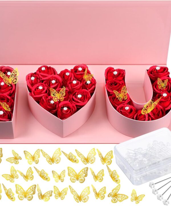 Ireer I Love You Empty Flower Gift Box Mother's Day Letter Shaped Fillable Box with Plastic Liners 24 Gold Butterfly Decor 50 Bouquet Flower Pins DIY Craft Gift Set for Wedding Mother's Day(Pink)