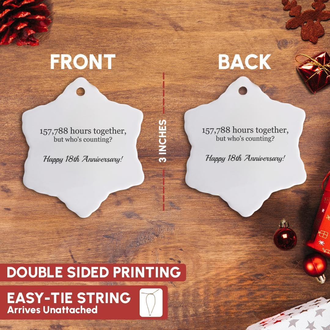 3dRose Happy 18th Anniversary – 157788 Hours Together – Snowflake Ornament, Porcelain, 3-Inch (ORN_224663_1)