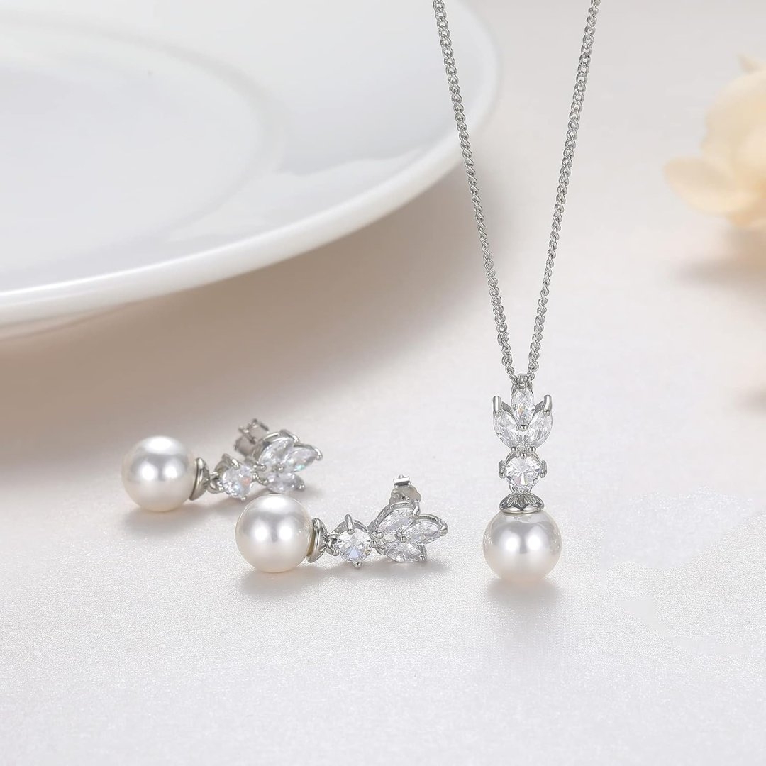 Wedding Jewelry for Bride Bridesmaid, Pearl Dangle Earrings and Pendant Necklace Set Bridal Jewelry for Promise Wedding Party
