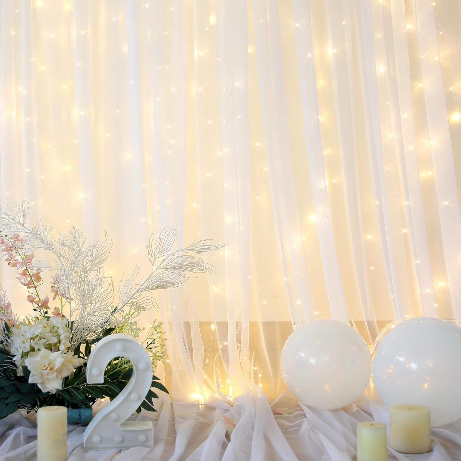 White Tulle Backdrop Curtain with Lights String for Parites 108ft Sheer Backdrop Curtains White Curtain Backdrop for Wedding Baby Shower Birthday Party Photo Shoot Decorations(2 Panels 10ft8ft)