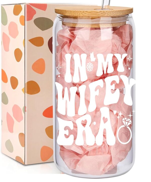 GemsLives Bridal Shower Gifts Wifey Era Cup  Bridal Shower, Bachelorette,Wedding Gifts for Bride to Be, Engagement Presents for Her, 16 oz Coffee Glass with Lid & Straw