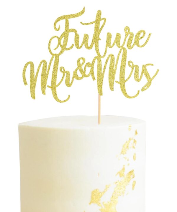 Arthsdite 1Pc Future Mr and Mrs Cake Topper, Bridal Shower Cake Pick Decorations- for Wedding Engagement Theme Party Decoration, Bachelor Party Decorations Supplies - Gold Glitter
