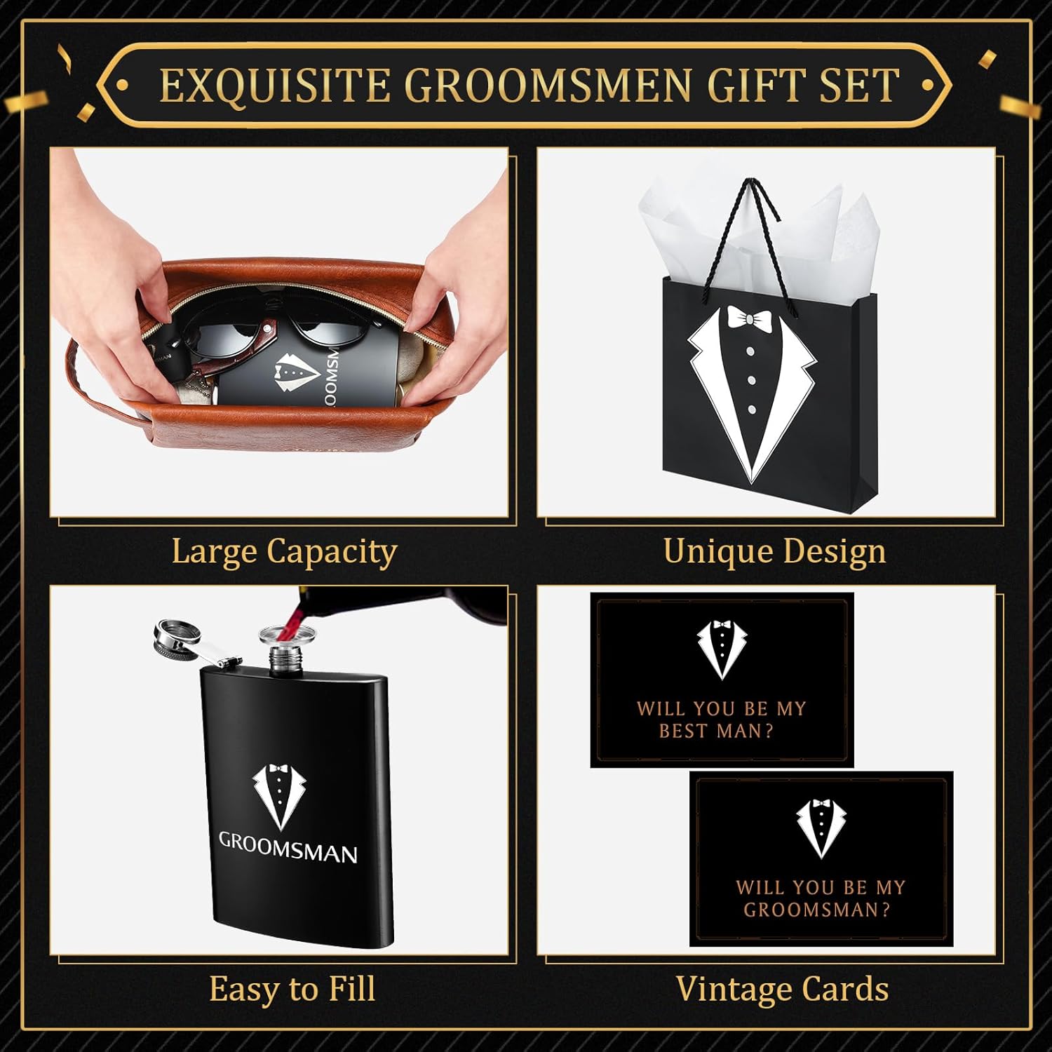 60Pcs Groomsmen Gifts Set of 6, Groomsmen Proposal Box with Flasks Sunglasses PU Leather Toiletry Bag Bottle Opener for Wedding Groomsman Best Man Gift