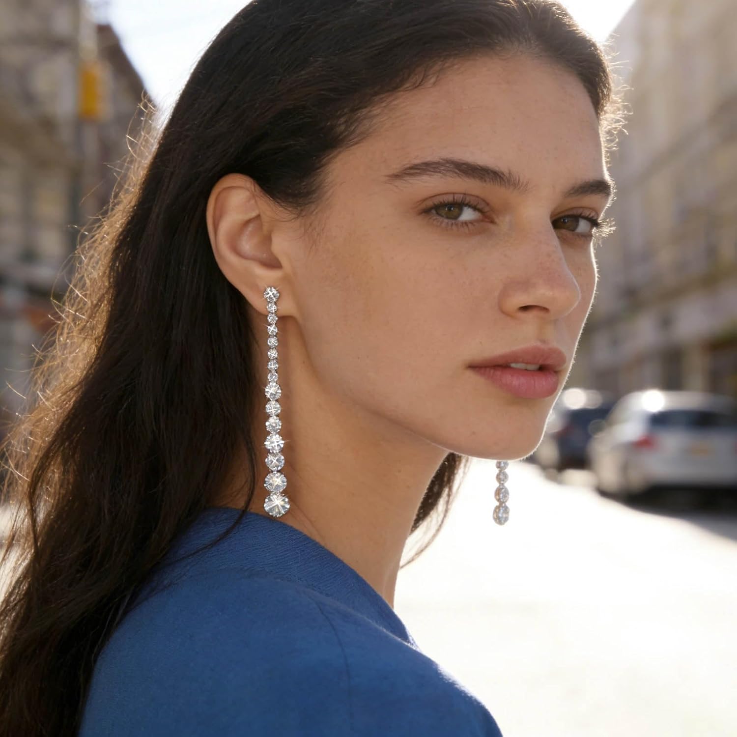 Wedding Long Rhinestone Earrings Silver Crystal Dangle Earring Dainty Diamond Cubic Zirconia Bridal Drop Sparkly Tassel Cz Brides Stud Simple Shiny Statement Formal Bridesmaid Party Prom Jewelry Women