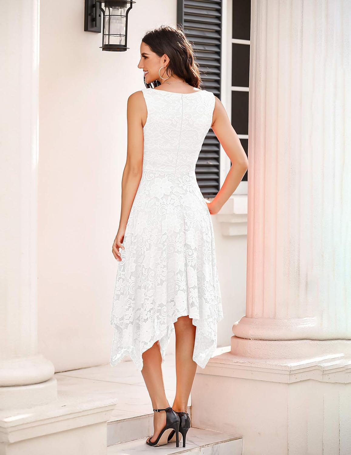 Meetjen Womens Lace Cocktail Party Dress 2026 Handkerchief Hem Bridesmaid Prom Formal Dresses for Wedding Guest