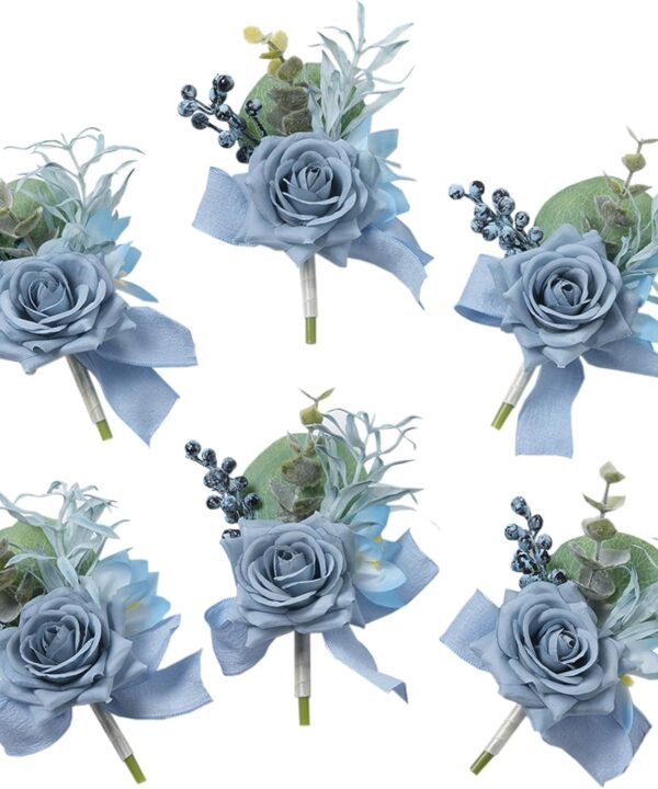 Meldel Dusty Blue Rose Boutonniere for Men,Set of 6,Groomsmen Groom Boutonnieres for Wedding Corsage Ceremony Anniversary, Formal Dinner Party, Fall Vintage Rustic Marriage Prom Flower