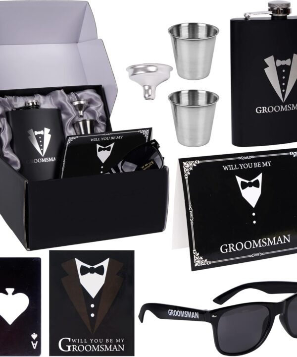 6 Pieces Groomsmen Gifts Groomsman Proposal Wedding Party Box Set:8oz Stainless Steel Tuxedo Flask with cups Poker Bottle Cap Opener Sunglass Card Sticker Groomsman Box for Wedding Bachelor Party