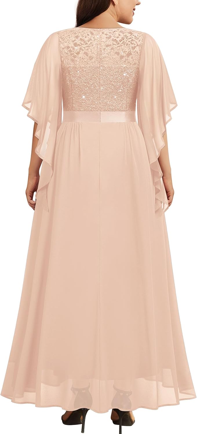 Miusol Womens Plus Size Sequin Lace with Ruffle Cape Cloak Sleeves Elegant Evening Gown Wedding Guest Maxi Dress