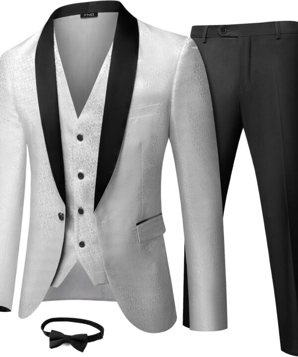 YND Men's 3 Piece Slim Fit Tuxedo Suit Set, One Button Shawl Collar Floral Business Blazer Jacket Vest Pants with Bow Tie