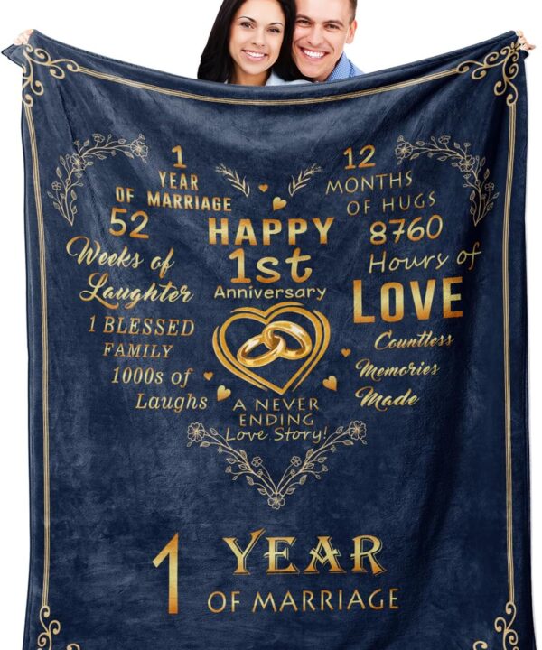 Mosslink 1st Anniversary Paper Gifts for Couple Husband Wife, 1 Year Anniversary Wedding Gifts for Him Her, First Anniversary Marriage Gifts,Romantic Bed Throw Blanket 60"X50"