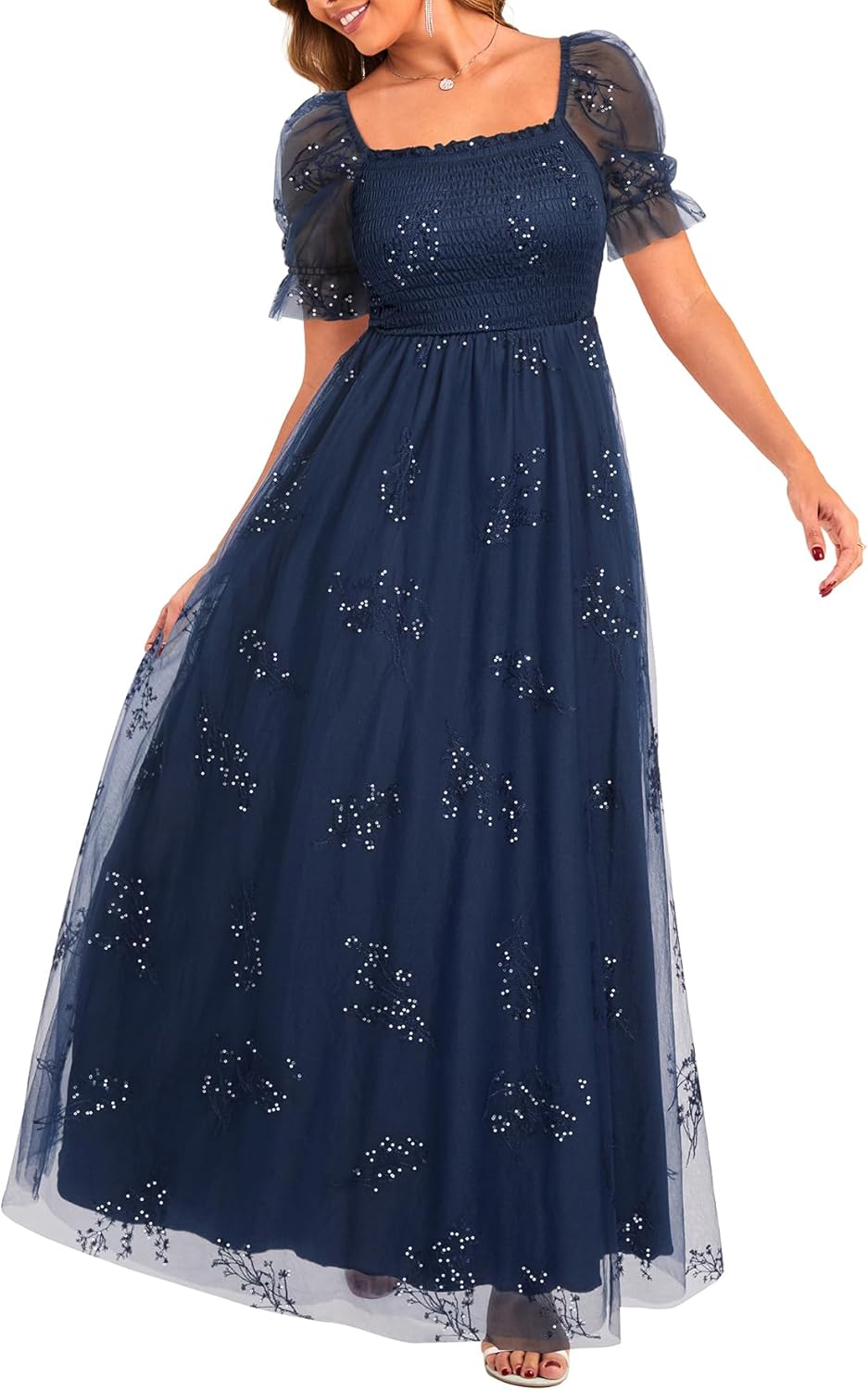 Plus Size Formal Dresses – Bridesmaid Leaf Embroidery with Sequin Tulle Prom Long Dress
