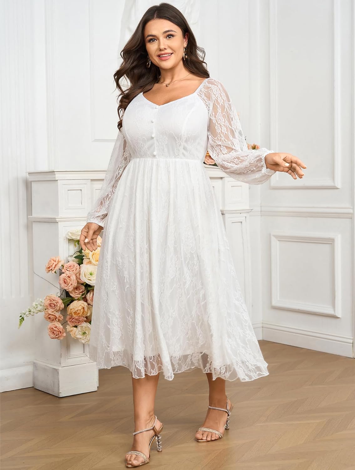 SCOMCHIC Womens Plus Size Cocktail Dress Wedding Guest Lace Long Sleeve Formal Party Maxi Dresses