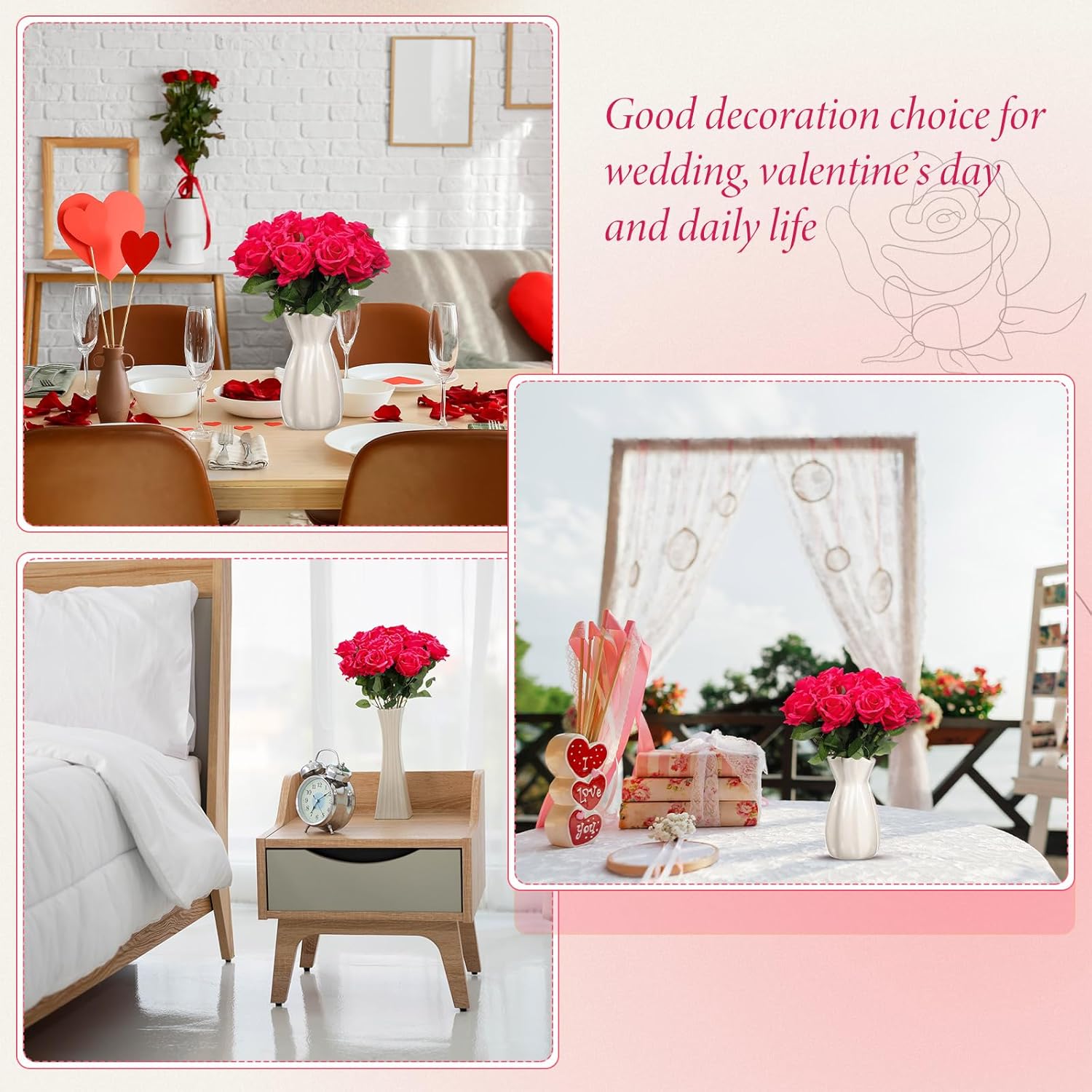 Hotop 20 Pcs Artificial Rose Flowers with Long Stem,Real Touch Silk Realistic Plastic Bouquet Roses Bulk for Home Decor Bridal Wedding Party Table Centerpieces Decorations(Hot Pink)