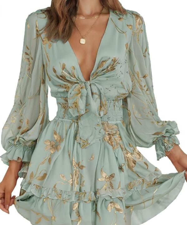 Dokotoo Womens Casual Spring Fall 2025 Deep V Neck Knotted Tiered Chiffon Elegant Mini Short Swing Skater Dresses