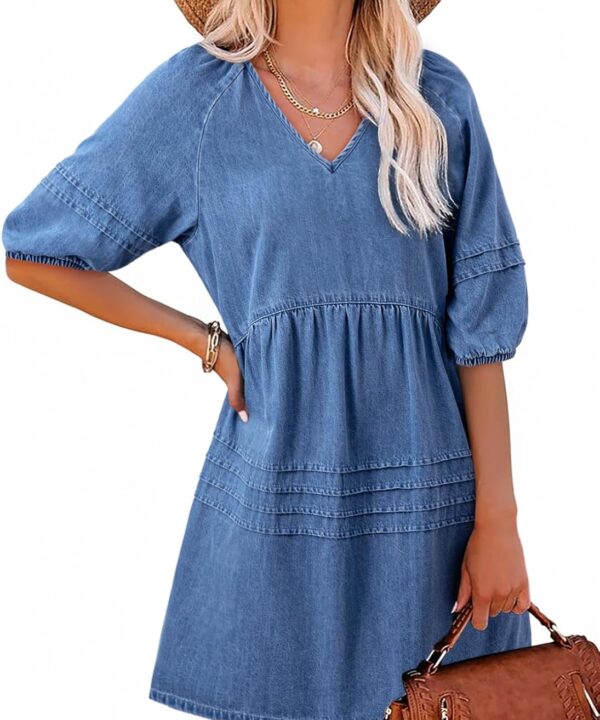 Dokotoo Denim Dress for Women Casual V Neck Puff Short Sleeve Mini Jean Dress Cute Back Tie Summer Dresses