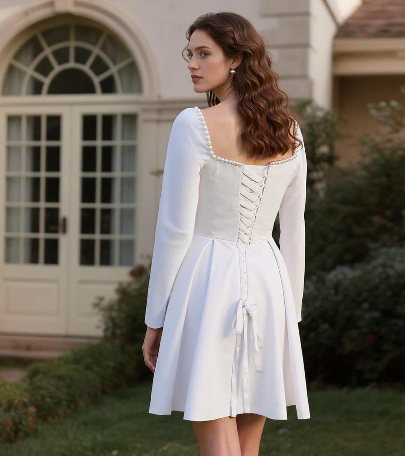 Long Sleeves Short Wedding Dresses for Bride Square Neck Satin Simple Prom Dress Mini Homecoming Party Dress XPD3