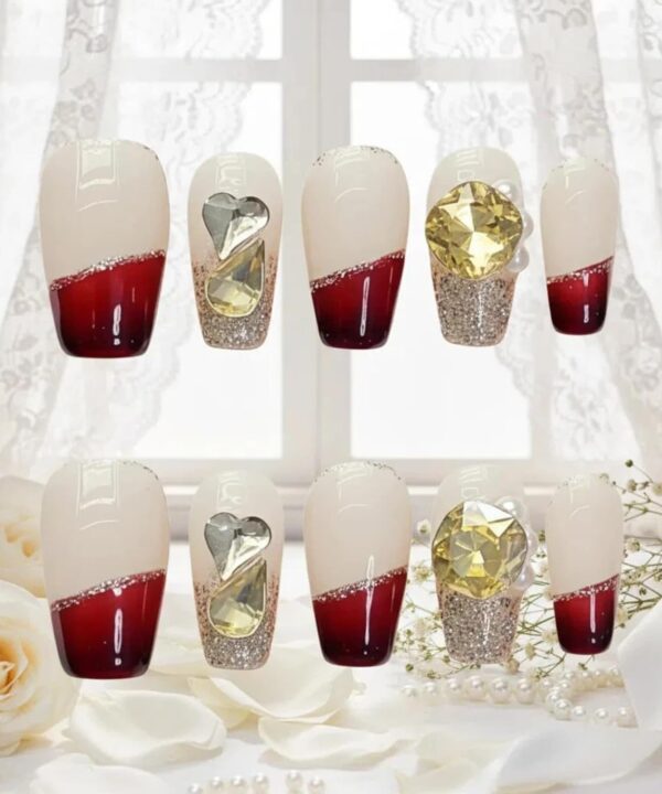 Tesytto Valentine French Tip Press On Nails Red Short Coffin - Nude Base Gold Glitter with 3D Rhinestone Decor Handmade Nails for Wedding, Party, New Year (Wine Red Romance,M)