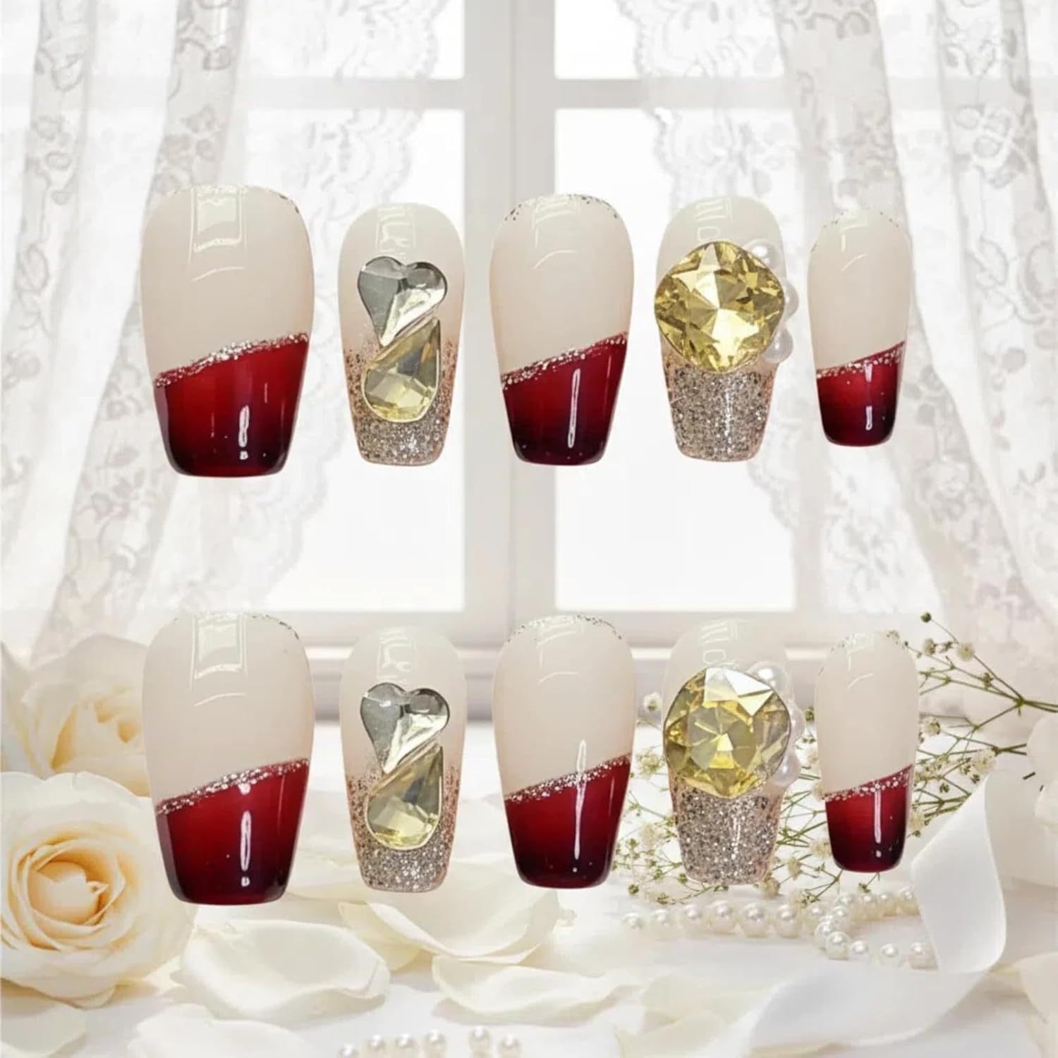 Tesytto Valentine French Tip Press On Nails Red Short Coffin - Nude Base Gold Glitter with 3D Rhinestone Decor Handmade Nails for Wedding, Party, New Year (Wine Red Romance,M)