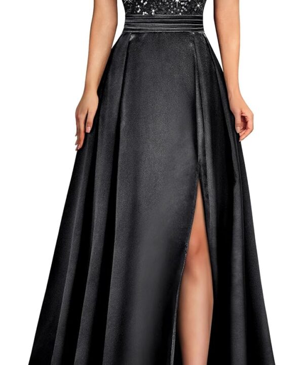 Miusol Women's Elegant V-Neck Sequin Lace Contrast Satin Split Bridesmaid Maxi Dress