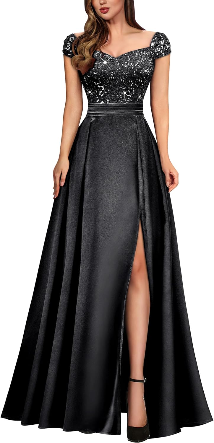 Miusol Women's Elegant V-Neck Sequin Lace Contrast Satin Split Bridesmaid Maxi Dress