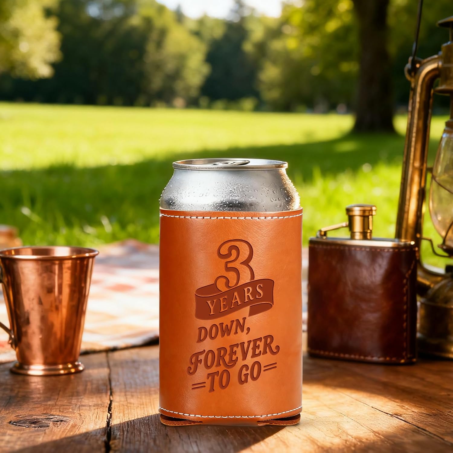 Leather 3rd Anniversary Wedding Gifts for Him Men, 3rd Anniversary Engagement Gift for Husband Dad Grandpa, 3 Year Leather Presents, Leathe r Can Cooler for Mens 12Oz, 3 Year Anniversary items