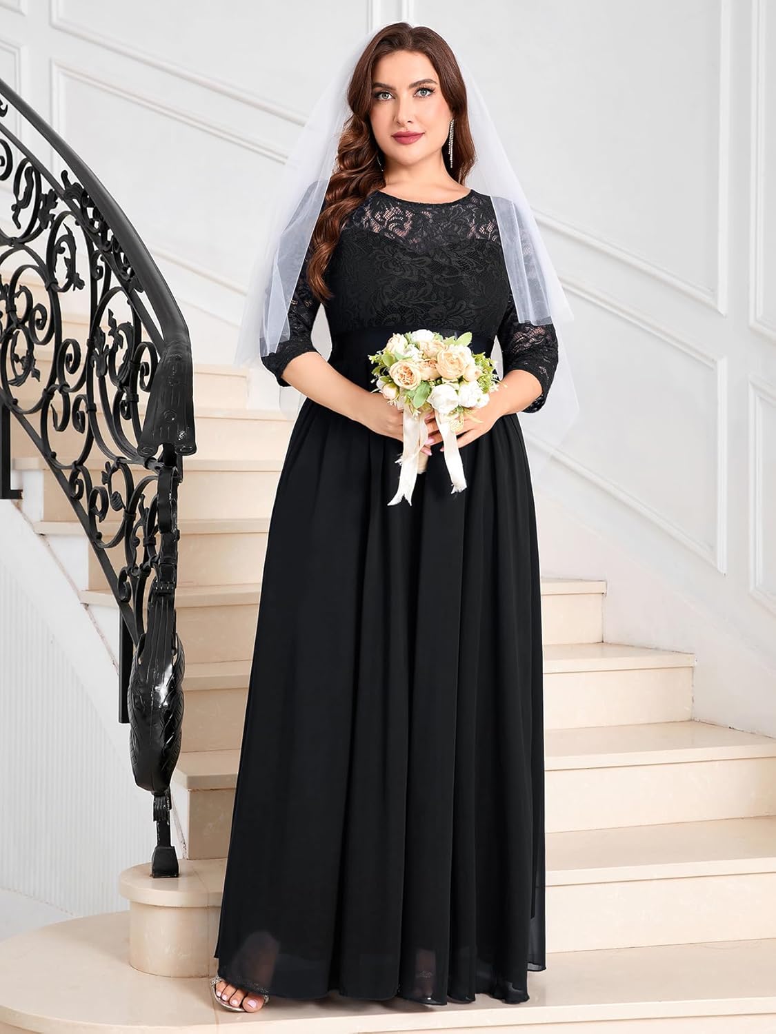 CYCLAMEN Plus Size Formal Lace Chiffon Dress Elegant 3/4 Sleeves Maxi Evening Gown Wedding Bridesmaid Party Dresses