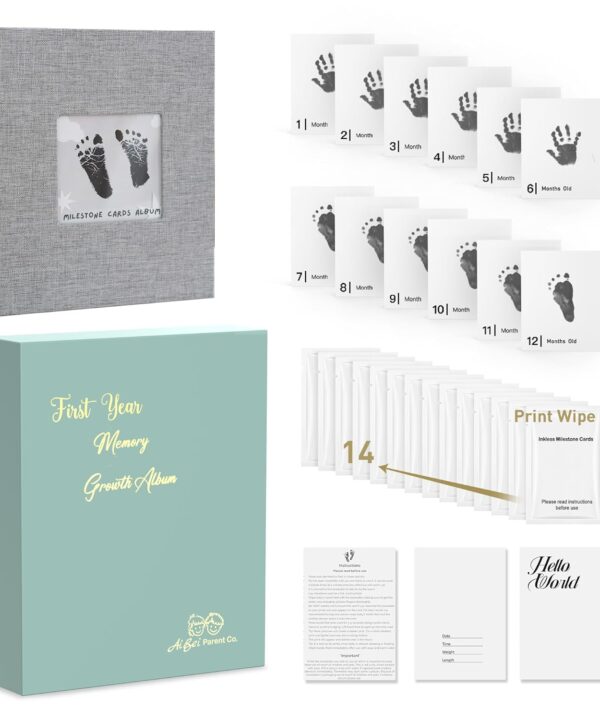 Baby Inkless Milestone Cards Hand Casting Kit Ink Print Hand and Footprint Kit Dog or Cat Pet Paw Print Kit Baby Newborn Footprint Kit Photo Album Keepsake Book Feet Stamp (Green Gift Box + Album)