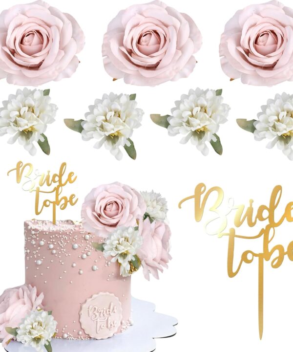Rsstarxi 8 Pack Acrylic Bride to Be Cake Topper Artificial Flower Wedding Rose Cake Pick for Baby Shower Wedding Bridal Shower Party Cake Decorations Supplies