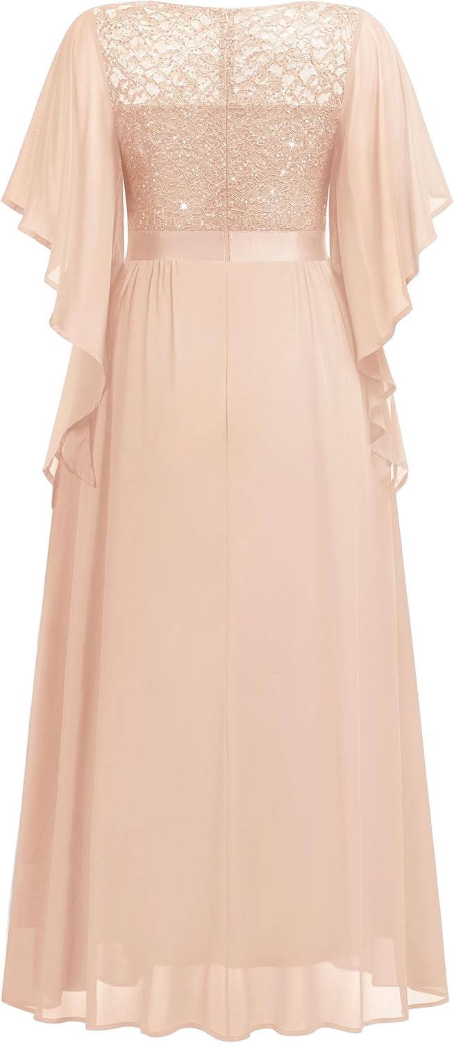 Miusol Womens Plus Size Sequin Lace with Ruffle Cape Cloak Sleeves Elegant Evening Gown Wedding Guest Maxi Dress