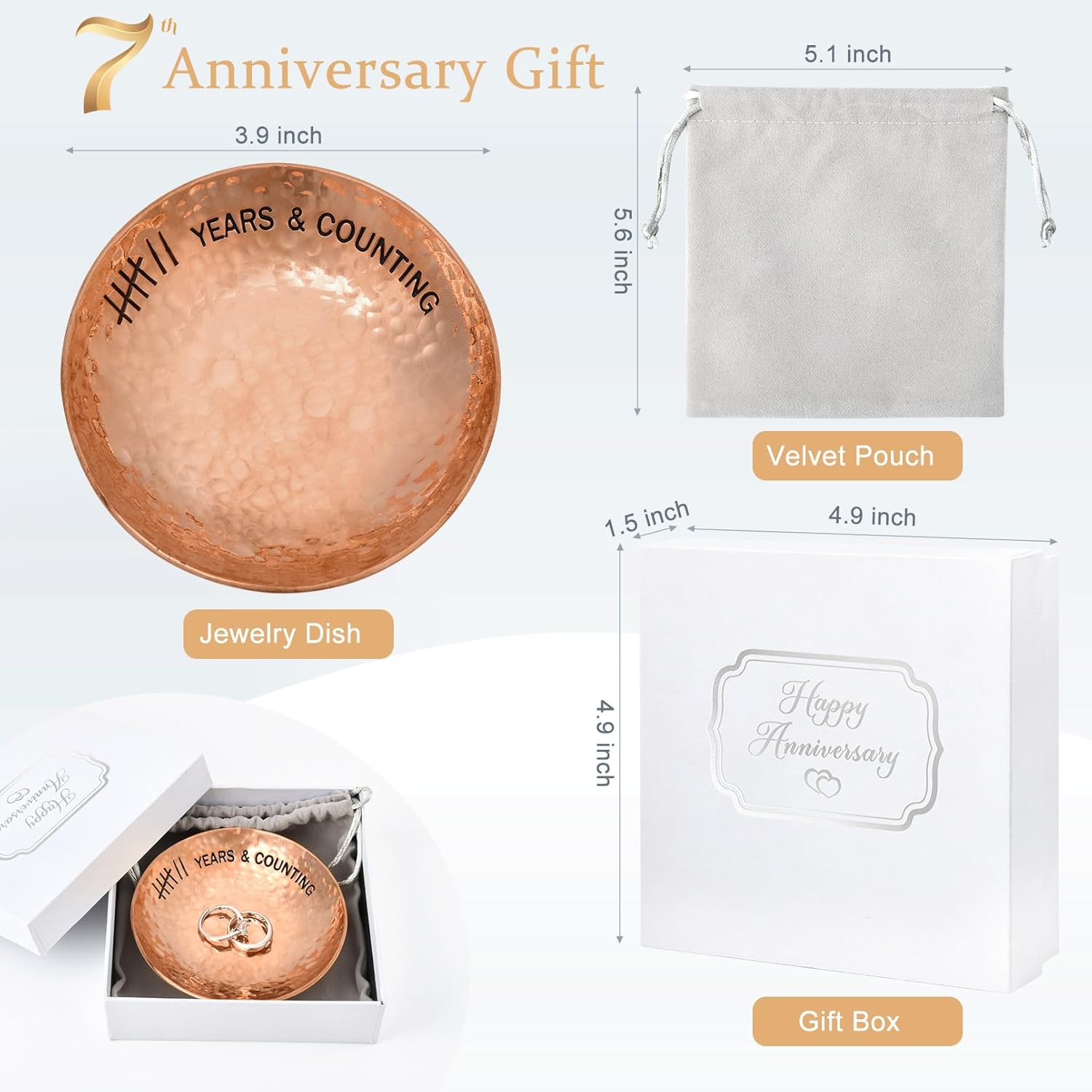 CEELGON 7th Wedding Anniversary Copper Gifts 4 Engraved Jewelry Tray Copper Decorative Dish for Couples Wedding Gift for Him or Her