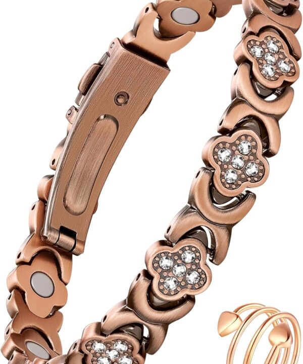 Feraco Pure Copper Bracelets & Rings for Women, Ultra Strength Magnetic Bracelet for Women with Neodymium Magnets & Sparkling Cubic Zirconia, Adjustable, Infinite Clover Jewelry
