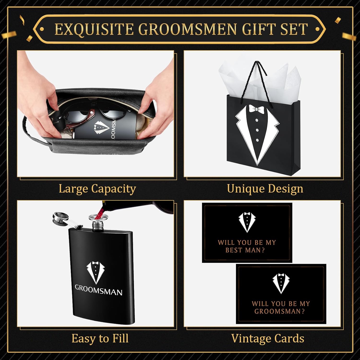 60Pcs Groomsmen Gifts Set of 6, Groomsmen Proposal Box with Flasks Sunglasses PU Leather Toiletry Bag Bottle Opener for Wedding Groomsman Best Man Gift (Black)