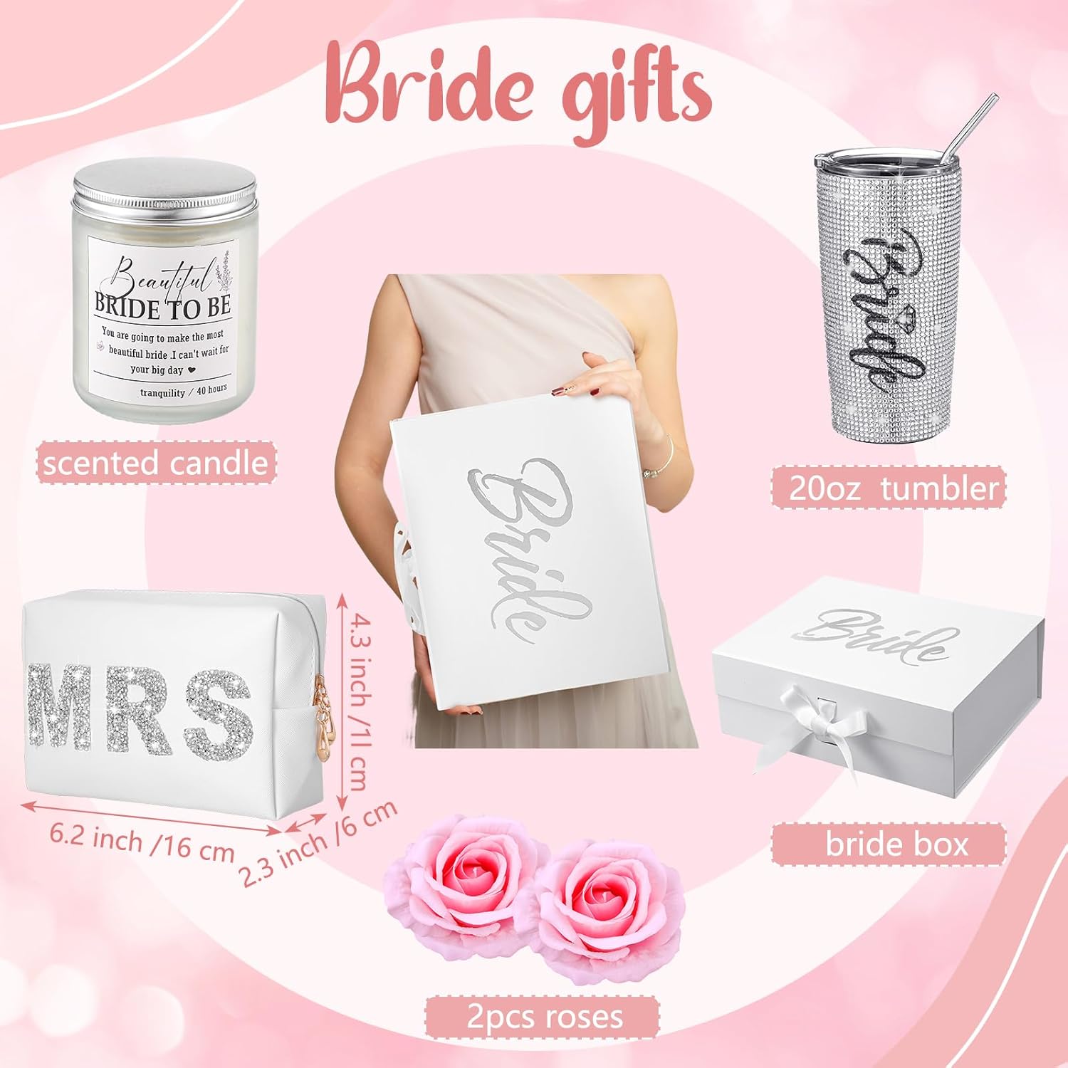 Croloose 9 Pcs Rhinestone Bridal Shower Gift Set Include Box 20 oz Tumbler Slippers Bride Robe Makeup Bag Scented Candle Blindfold 2 Artificial Rose for Bachelorette Wedding Party Gift