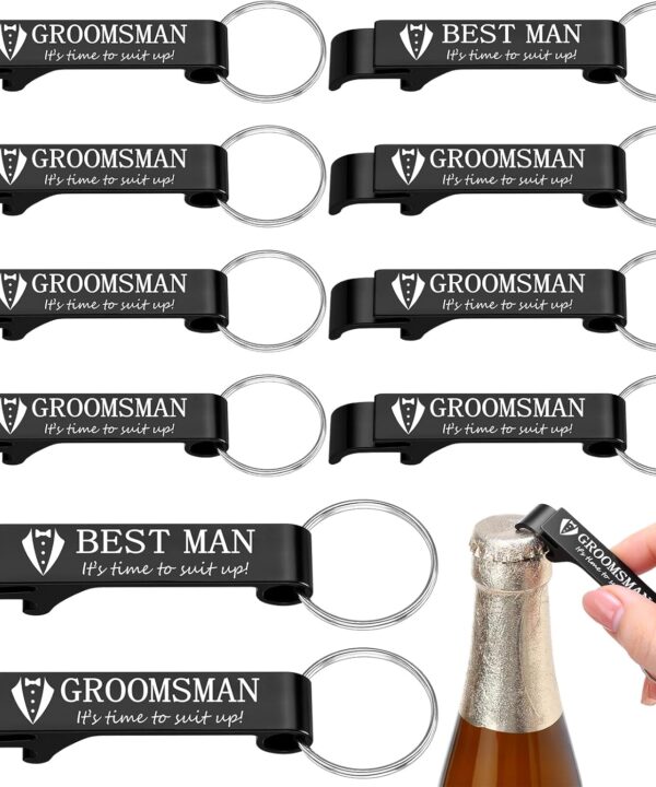 10 Pcs Groomsmen Bottle Opener Keychain Groomsmen Proposal Gift Aluminum Wine Beer Opener Wedding Favors Bulks Include 9 Groomsman and 1 Best Man Gift for Wedding Bachelor Party