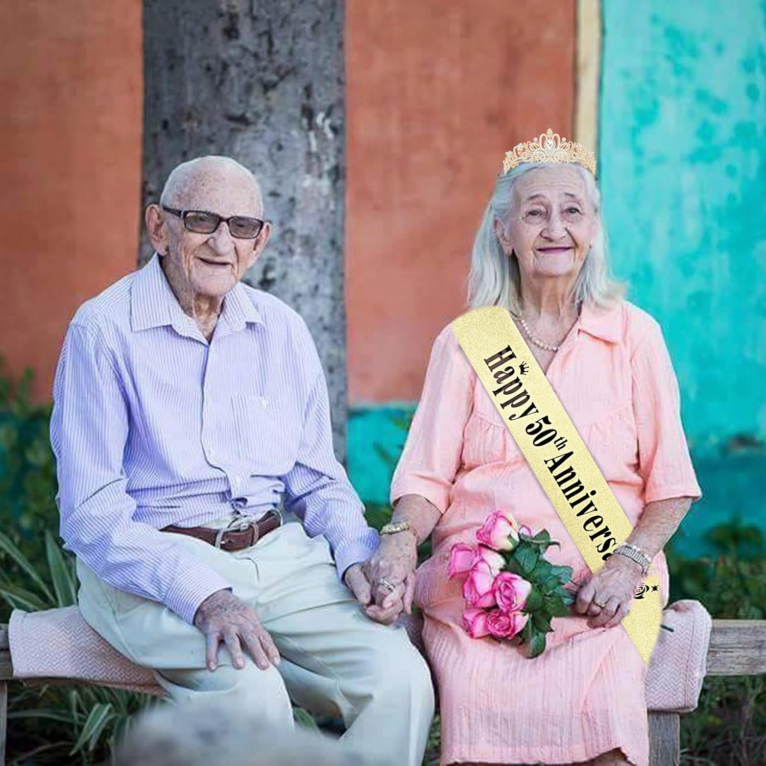 YARIEW 50th Anniversary Decorations, Gold Crown and Happy 50th Anniversary Sash Set, Tiara Crown Sash for 50th Wedding Anniversary Decorations for Party Gifts for Women