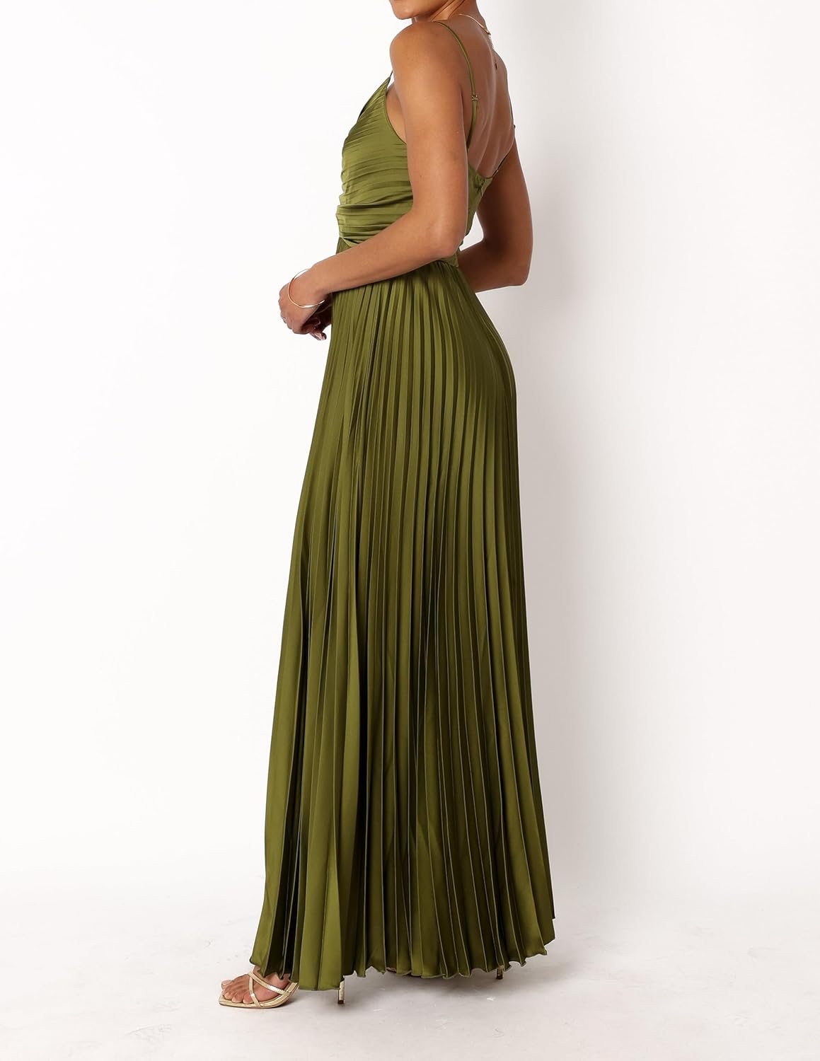 LASPIA Womens Pleated Dress Formal Adjustable Spaghetti Strap Maxi Solid Bridesmaid Evening Party Dresses