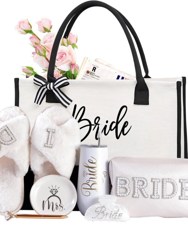 Bridal Shower Gifts7-Piece Birde Gift Set with Tumbler, Tote, Slippers, Makeup Bag & More-Gift for Bride to be Bachelorette Gifts for Her-Bridal Shower Decorations
